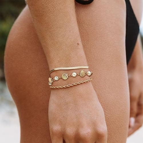 Gold Shell Bracelet Stack Dainty Gold Chain Bracelets Seashell Starfish Beaded Pearl Bracelet Boho Summer Beach Jewelry Trendy Stuff Gifts thumbnail 4