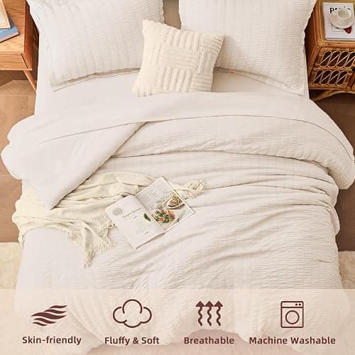 FUANNA Twin Comforter Set 5 Pieces, Luxury Seersucker Twin Bed Set for All Seasons, Soft Twin Bed in a Bag with Comforter, Flat Sheet, Fitted Sheet, Pillowcase & Sham for Bedroom, Beige thumbnail 4