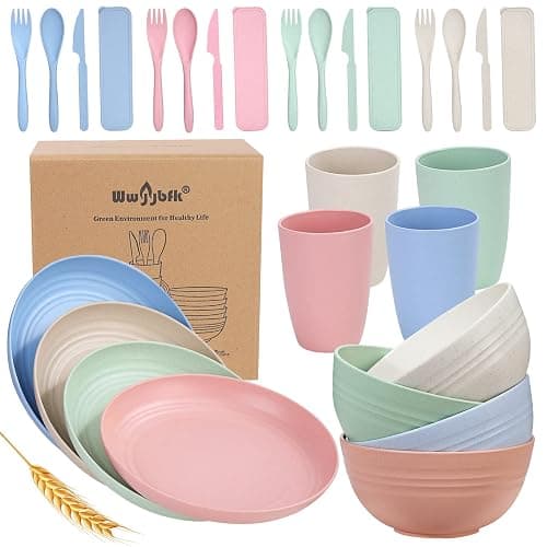 Wheat Straw Dinnerware Sets for 4, Wheat Straw Plates and Bowls Sets Kitchen Dishes 28pcs College Dorm Room Essentials Cutlery Set Microwave Safe (Colorful) - Colourful - Image 1