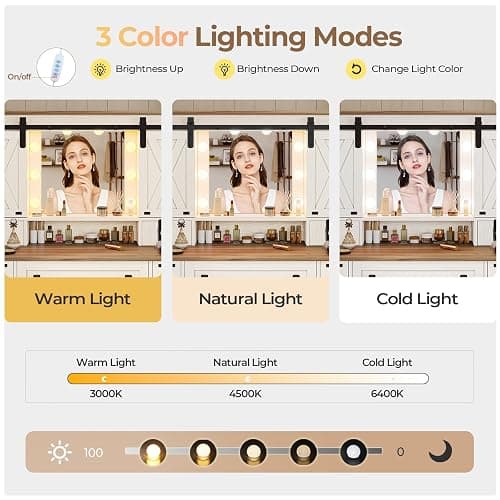 Hasuit Farmhouse Vanity Desk with Mirror and Lights, White Makeup Dressing Table with Charging Station, Rustic Vanity Mirror with Sliding Barn Door, Vanity Table with 3 Lighting Modes Adjustable thumbnail 5