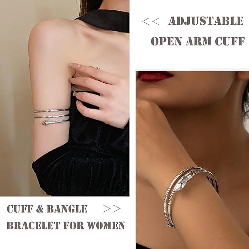 EIELO 6-10Pcs Arm Cuff Bracelets for Women Upper Arm Bands Snake Feather Armband Greek Goddess Filigree Swirl Boho Armlet Cuff Bangle Adjustable Golden/Silvery Arm Bracelet Set thumbnail 2