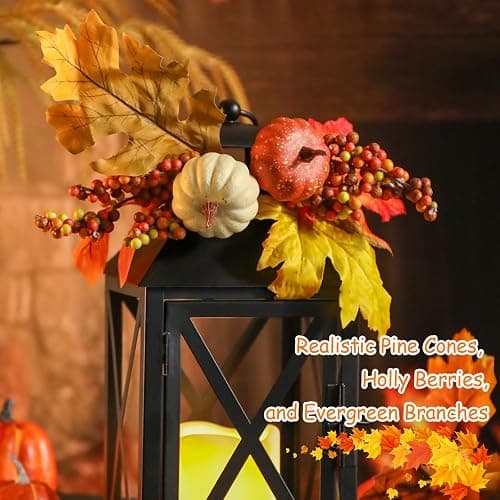 Bdor Fall Lanterns LED Candles 2 Pack 12 Inch Thanksgiving Decor Timer | Removable pumpkin and maple leaf accents, battery operated, tempered glass panels, autumn harvest and Thanksgiving decor thumbnail 5