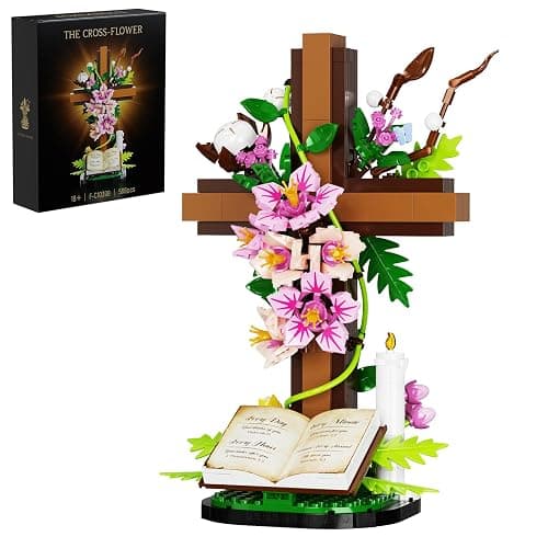 Jesus Cross Flower Building Set, Religious Cross Collectibles Compatible with Lego Jesus Catholic Building Toys,Christmas, Christian, Birthday Gifts for Mothers, Women or Adults (568 PCS) - Image 1