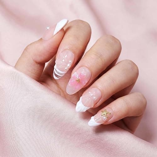 Handmade Short Almond French Press On Nails,Reusable&Salon Quality(1TA04,M) | 10Pcs BTMMA Daily & Party Fake Nails;Easy Apply & Remove;Ocean French Style with 3D Flower, Starfish & Pearl Accents thumbnail 3