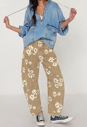 loveimgs Women Y2k Distressed Barrel Jeans Baggy Wide Leg Jeans Floral Printed Boyfriend Patchwork Denim Pants thumbnail 4