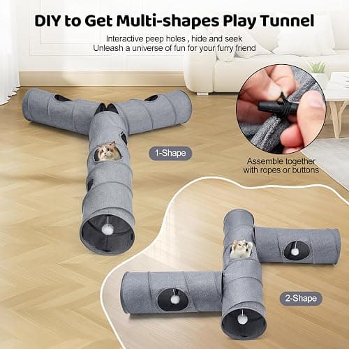 Cat Tunnel, 3 Straight Shaped Tunnels 6 DIY Shapes with Wand Toys, No Noise Scratch Resistant Cool Linen Fabric, Interactive Pet Tunnel Tube for Indoor Cats, Puppy and Rabbits thumbnail 2