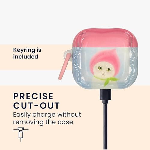 kwmobile in-Ear Headphones Case for Apple Airpods 4 - Protective Shockproof Case for Earbuds with Keychain - Soft & Durable Cat and Peach thumbnail 4