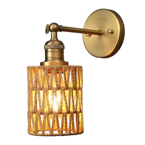Yosoan Rattan Boho Wrapped Wall Sconce Light, Indoor Hardwired Hand-Woven Farmhouse Vintage Wall Lamps, Brass Handmade Braided Rope Small Straight Shade Wall Mount Fixture for Reading Hallway(Antique) - Antique - Image 1
