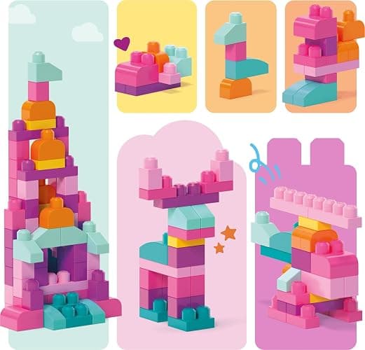 MEGA BLOKS First Builders Toddler Blocks Toys Set, Big Building Bag Collection with 80 Pieces and Storage, Pink, Ages 1+ Years thumbnail 8