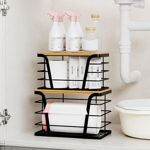 TIDIIABODE 2 Pack Stackable Storage Laundry Kitchen Organizers, Wall Mount Trash Bag Holder with Bamboo Top and Garbage Bag Dispenser No Drill thumbnail 5