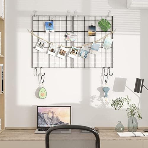 C&AHOME Photo Wall Grid Panel Set of 2, Decor Grid Panel, Photo Display Shelves, Hooks, Clips, Hemp Cord, Hammer, 15.7" 11.8", Black UWWGM3402B thumbnail 4