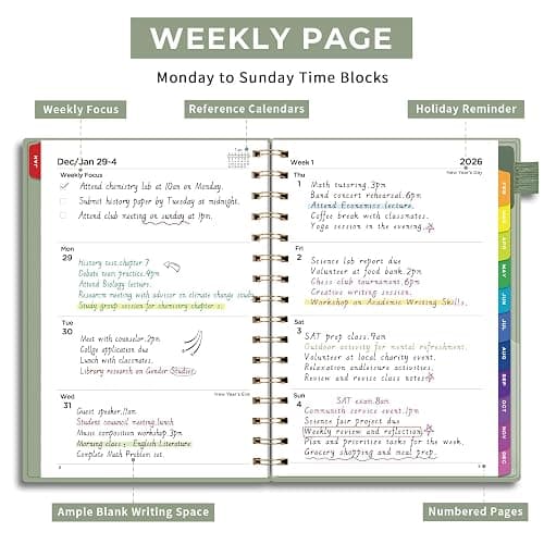 EMSHOI 2026 Planner, Weekly and Monthly, JAN 2026 - DEC 2026, A5 (5.7" x 8.3"), 100GSM Thick Paper, PVC Cover, Colorful Tabs - 2026 Calendar Organizer for Work, School, Home, LightGreen thumbnail 3