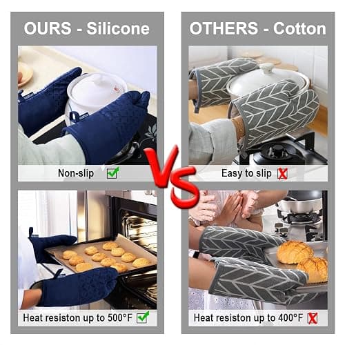 KEGOUU Oven Mitts and Pot Holders 6pcs Set, Kitchen Oven Glove High Heat Resistant 500 Degree Extra Long Oven Mitts and Potholder with Non-Slip Silicone Surface for Cooking(Marine Blue) thumbnail 5