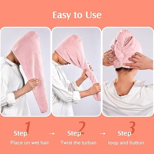 YFONG 2 Pack Microfiber Hair Towel Wrap for Women, Super Absorbent Quick Dry Hair Turban for All Hair Style Anti Frizz, Large Hair Drying Towel with Button thumbnail 6