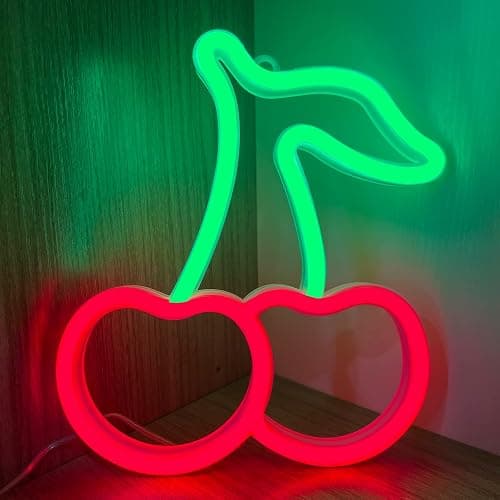 Cherry Neon Sign Red Green Cherries Neon Lights 7.5 * 8.9IN Cherry Neon Signs for Wall Decor, Cute Fruits LED Signs for Kids Room Restaurant Bar Fruit Shop Home - Image 1