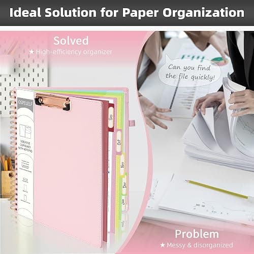 Ospelelf Leather Clipboard Folio with Notepad for Letter Size, Spiral Clipboard Folder with Storage Zipper Pouch, 5 Folders with 10 Pockets, 39 Divider Label Stickers, Pen Loop Series (Pink) thumbnail 5