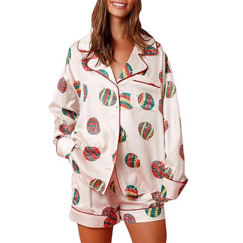 Miqil Women Christmas 2 Piece Pajamas Set Candy Cane Print Long Sleeve Button Up Shirts High Waist Shorts Xmas Loungewear - Image 1