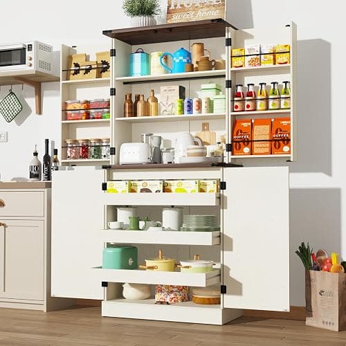 Farmhouse Kitchen Pantry Cabinet with 3 Drawers,71" Tall Rustic Wood Storage Cabinet with 6 Door Shelves,with Load-Bearing Steel Pipe,Pantry Organizers for Kitchen,Dining Room(Rustic Off White) - Image 1
