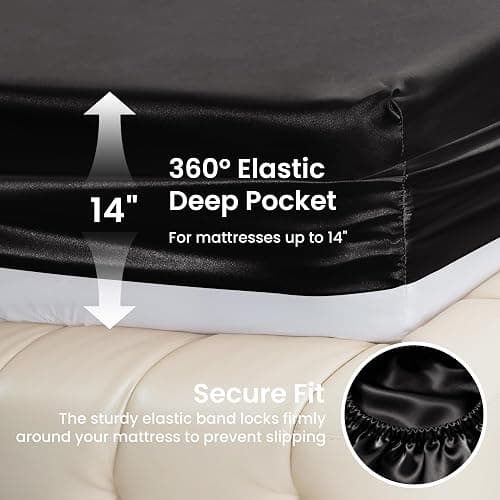 Love's cabin Satin King Sheet Sets - 4 Piece Black Silky Sheets King Size Bed Set with Deep Pocket, Luxury Silk Feel King Size Satin Sheet Set (1 Flat Sheet,1 Fitted Sheet,2 Pillow Cases) thumbnail 4