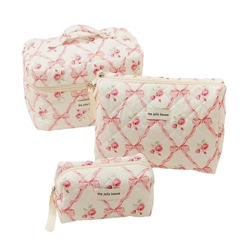 BILIPOPX Cute Makeup Bag Aesthetic Floral Quilted Cotton Cosmetic Bag Travel Organizer Toiletry Pouch 3 Pack Set (01Pink Bow) - Image 1