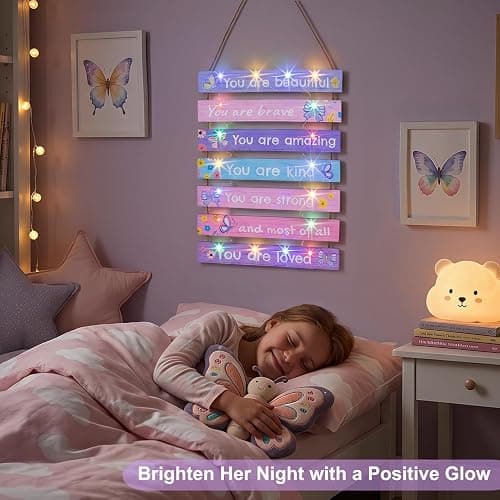 FIOBEE Girls Room Decor LED Light Wood Wall Motivational Sign Art for Kids | Bedroom Wall Art Decor, Inspirational Sayings, 8 Modes Glowing Lightup, Princess Posters, Studyroom Decoration thumbnail 3