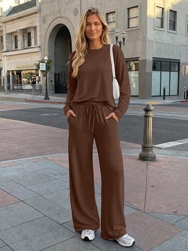Trendy Queen Womens 2 Piece Fall Lounge Sets Oversized Tops Wide Leg Pants | Airport Travel Outfits,Comfy Matching Clothes,Winter Sweatsuit,Workout Tracksuit for Gym,Fashion 2026,Everyday Wear thumbnail 2