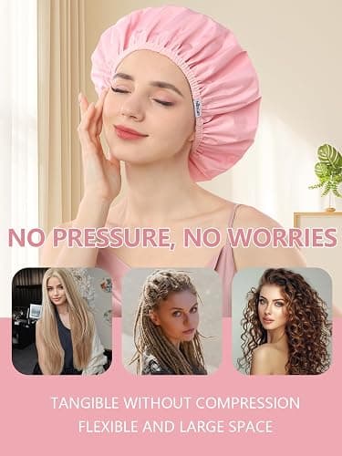 Years Calm Shower Caps For Women Reusable Waterproof，Pattern And Solid Color Dual-Layer Design For Dual-Layer Usable，Protects Hair In Shower, Spa, Cooking, Clean & Travel (Pink, One Size) thumbnail 8