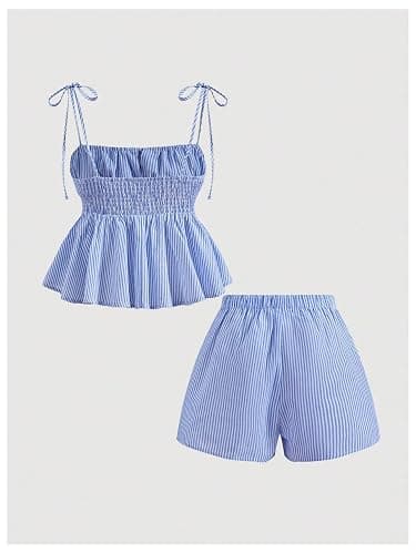 MakeMeChic Women's 2 Piece Summer Outfits Striped Tie Shoulder Peplum Shirred Tops and Shorts Set thumbnail 2