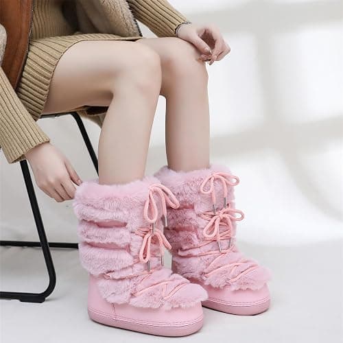 ZHENAIYISHENG Furry Faux Fur Boots for Women - Fuzzy Winter Snow Boots - Fluffy Black White Pink Fur Boots - Lace-up Mid-Calf Water-Resistant Platform Boots thumbnail 6