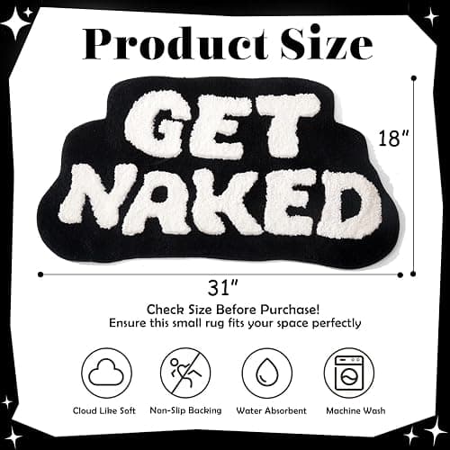 DyeFury Irregular Shaped Get Naked Bath Mat - Fun, Cute Non-Slip Black & White Decor, 31" x 18" - Black thumbnail 2
