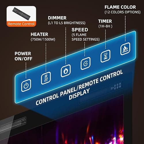 Zionheat 72 inch Wide Screen Electric Fireplace-Wall Fireplace for Living Room-Fireplace Inserts/Wall Mounted with Remote Control, Timer, Dimmer, 12 Flame Colors, 750/1500W thumbnail 8