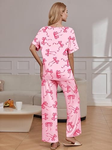 Ekouaer Pajama Sets Womens 2 Piece Short Sleeve Long Pants Pjs Lounge Set | Soft Comfy Pjs with Pockets,Casual V Neck Sleepwear,Matching Set for Travel,Maternity,Daily,Outfits thumbnail 2
