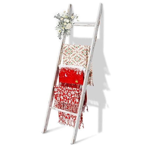 Delywh 5-Tier Blanket Ladder Wooden, 5.3FT(63'') Blanket Quilt Holder Rack Decorative Ladder, Easy Assembly, Rustic Farmhouse Ladder Shelf for The Living Room Bedroom Bathroom Home Decor, White Wash thumbnail 8