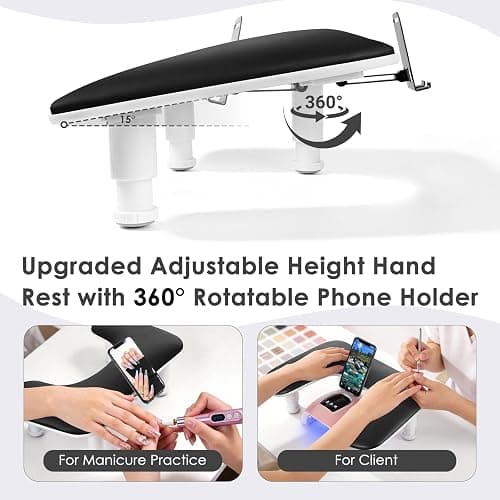 LIONVISON Arm Rest for Nails Tech: U Shaped Adjustable Height Armrest | Ergonomic Nail Hand Rest Stand PU Leather with Rotating Phone Holder for Nail Salon Manicurist - Long-Lasting Black thumbnail 2