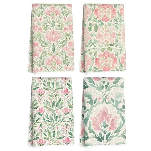 4 Pcs Watercolor Floral Kitchen Towels, Artistic Pink Green Decorative Absorbent Microfiber Dish Cloth Tea Towel, Durable Waffle Hand Towels for Farmhouse Home Bathroom, Housewarming Gifts - Image 1