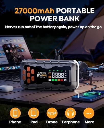 YaberAuto 16-in-1 Jump Starter with Air Compressor 8000A 150PSI Car Battery Jump Starter (All Gas/14L Diesel) 12V Jump Box Car Battery Jumper Starter Portable Jumper Cables, Emergency Tool Kit, Gloves thumbnail 4