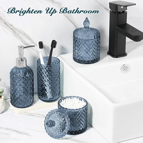 RYTOXILO Blue Bathroom Accessories Set, 4 Pack Light Blue Bathroom Decor Accessory Sets Complete, Diamond Glass Soap Dispenser and Toothbrush Holder Set for Bath Counter Organizer Essentials thumbnail 5
