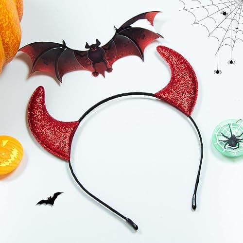 Parma77 Glitter Devil Horns Headband, Red Devil Horns Devil Costume for Women Men Girls, Halloween Fancy Dress Cosplay Hairband (Red) thumbnail 2