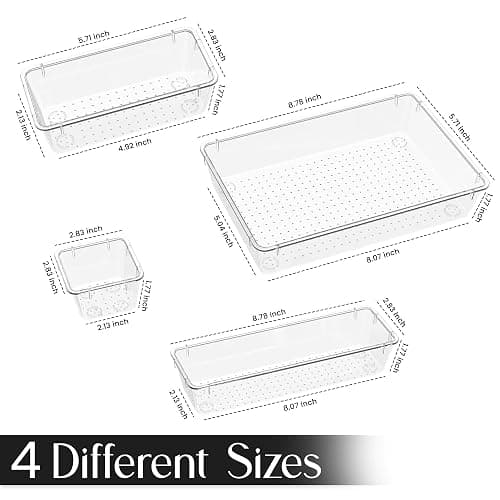 KICHLY Pack of 25 Clear 4 Sizes Makeup Drawer Organiser set, Acrylic Organization Plastic Storage Organiser tray for Bathroom, Vanity, Office Desk, kitchen, Bedroom thumbnail 2