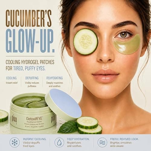 Pixi DetoxifEYE Depuffing Hydrogel Under-Eye Patches, Cucumber, Hyaluronic Acid & Caffeine For Puffy Eyes and Dark Circles, Hydrate Eye Area, 30 pairs, 60 Patches thumbnail 2