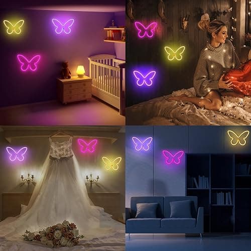 BRIGHTDECK 3 Pcs Butterfly Neon Signs, Neon Light for Bedroom, USB or 3-AA Battery Powered LED Wall Décor for Valentines Day Birthday Gift, Wedding, Party, Home Decor (Pink, Purple, Warm white) thumbnail 7