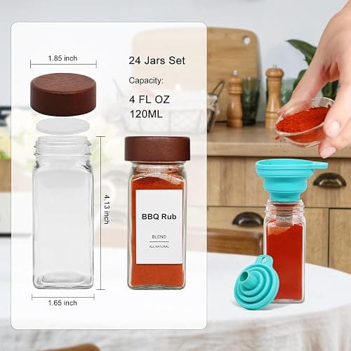 CKCY 24 Pcs Spice Jars, 4oz Seasoning Containers with Acacia Wood Shaker Lids, Glass Spice Bottles with Labels, Square Seasoning Organizer, Kitchen Spice Container thumbnail 3