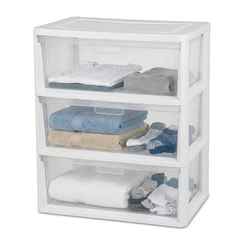Wide 3 Drawer Plastic Storage Tower with Clear Removable Bins, 15.6" x 21" x 25.2" Organizer Unit with Drawer Stops and Easy-Pull Handles for Closet, Dorm, and Office Organization, White - Image 1