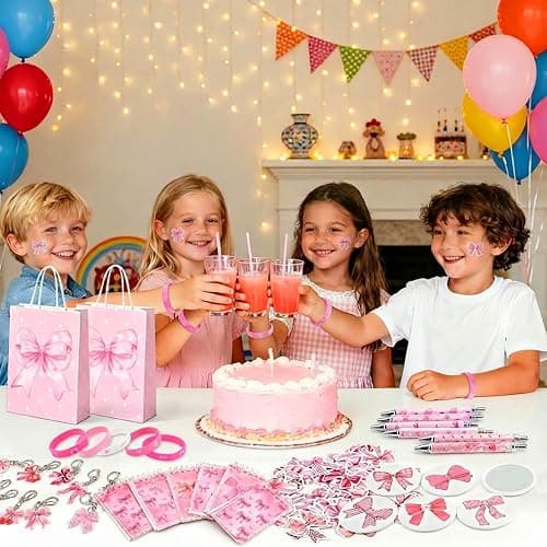 Pink Bow Party Favors for Girls 110pcs Coquette Bow Goodie Gift Bags with Notebook Pen Mirror Stickers Wristband, Girly Pink Party Supplies Bridal Shower Gifts Childrens Day Birthday Party Decorations thumbnail 2