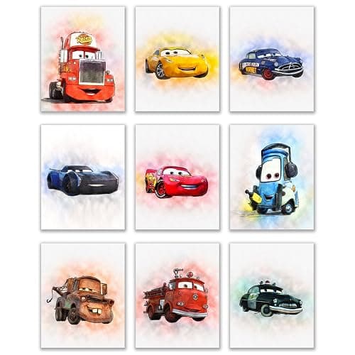 Lot de 9 affiches de film Cars - 20,3 x 25,4 cm - Aquarelle - Lightning McQueen Tow Mater Doc Hudson Jackson Storm Cruz Ramirez - Image 1