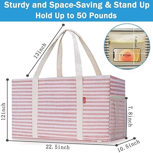 LHZK Standing Extra Large Utility Tote Bag with Metal Wire Frame and the Sides Rinforced, Extra Large Tote Bag with Handle, Reusable Grocery Bags Foldable, Beach Bag, Car Tote (Pink) - Pink - 22.5''x10.5''x12''-1 Pack thumbnail 2