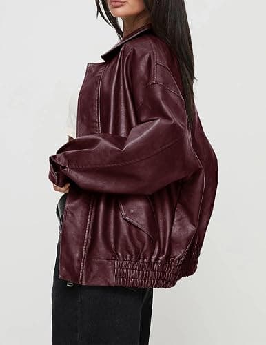 PRETTYGARDEN Women's Faux Leather Motorcycle Jackets | Trendy Fall Spring Clothes, Long Sleeve Collared, Zip Up Buttons, Loose Fit Oversized Jacket, Winter Coats, Going Out Outfits thumbnail 3