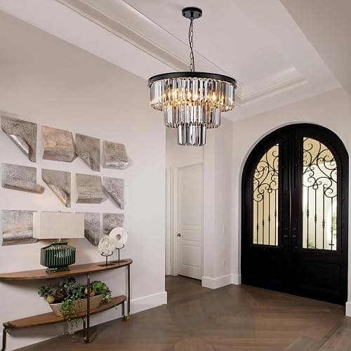 HCCZ 8 Light Black Crystal Chandelier 20'' Luxury Smoke Modern Dining Room Light Fixture 3-Tier Round Hanging Pendant Ceiling Lighting for Entryway Foyer Living Room Adjustable Height E12 thumbnail 4