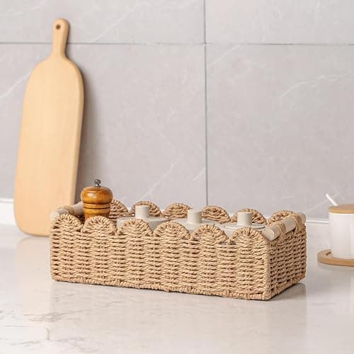 CubesLand Paper Rope Scalloped Edge Toilet Paper Storage Basket, Small Living Room, Bedroom Decor Baskets for Over Toilet Storage Shelf, End Table, Shelves and More, with 2 Wooden Handle, Neutral thumbnail 8