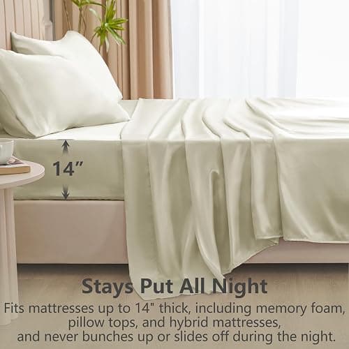 CozyLux Satin Sheets Full Size Sheets - 4 Piece Silky Full Size Bed Sheets, Luxury Cream Full Bed Set with Smooth and Soft Microfiber, Includes 1 Fitted Sheet, 1 Flat Sheet and 2 Pillowcases thumbnail 4